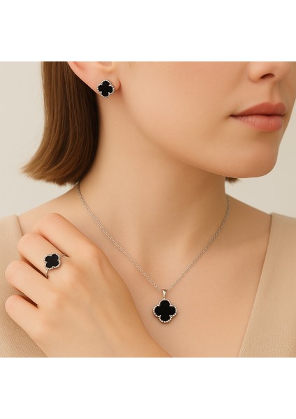 925 Ayar Rodyum Kaplama Siyah Oniks Taşlı Yonca Model Gümüş Takı Seti