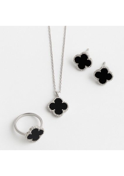 925 Ayar Rodyum Kaplama Siyah Oniks Taşlı Yonca Model Gümüş Takı Seti modelleri