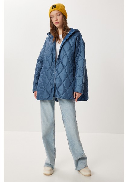 Kapüşonlu Kapitone Oversize Mont LFN0002 Indigo Mavi