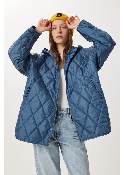 Kapüşonlu Kapitone Oversize Mont LFN0002 Indigo Mavi modelleri