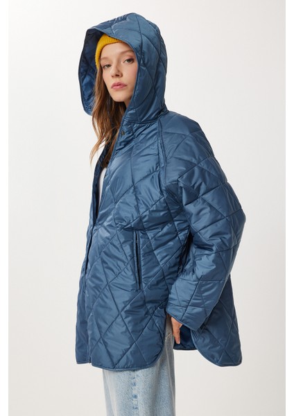Kapüşonlu Kapitone Oversize Mont LFN0002 Indigo Mavi fırsatları