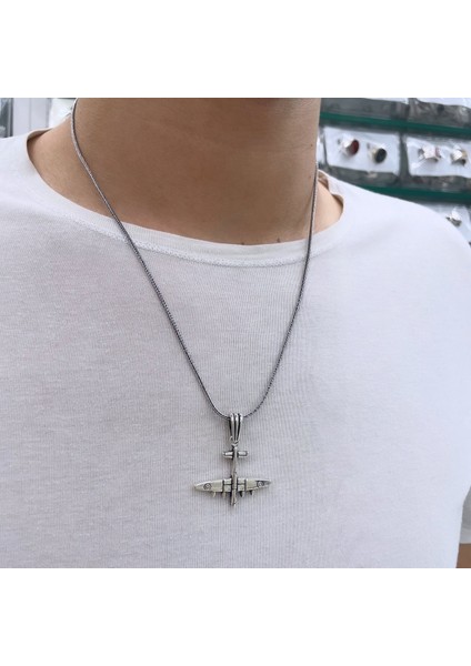 Gümüş Uçak Detaylı Erkek Kolye modelleri