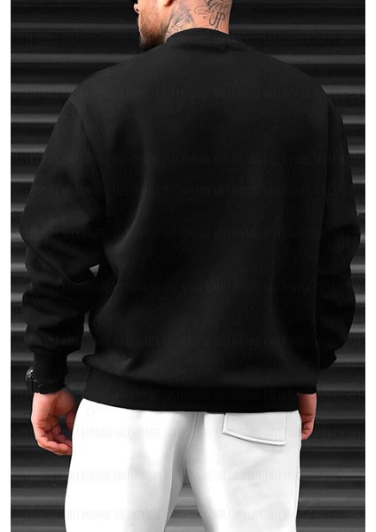 Erkek Siyah Freedom Baskılı Kalın Soft 3 Iplik Içi Şardonlu 0 Sıfır Yaka Oversize Salaş Sweat modelleri