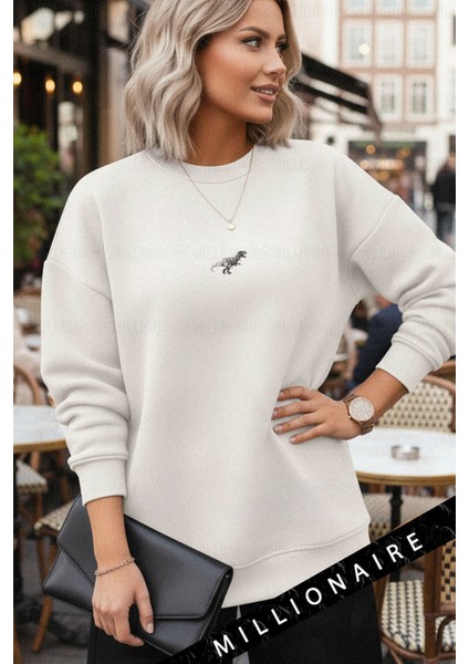 Kadın Ekru Kırık Beyaz Geometrik Dinozor 3 Iplik Şardonlu 0 Sıfır Yaka Oversize Salaş Sweatshirt
