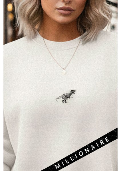 Kadın Ekru Kırık Beyaz Geometrik Dinozor 3 Iplik Şardonlu 0 Sıfır Yaka Oversize Salaş Sweatshirt fiyatları