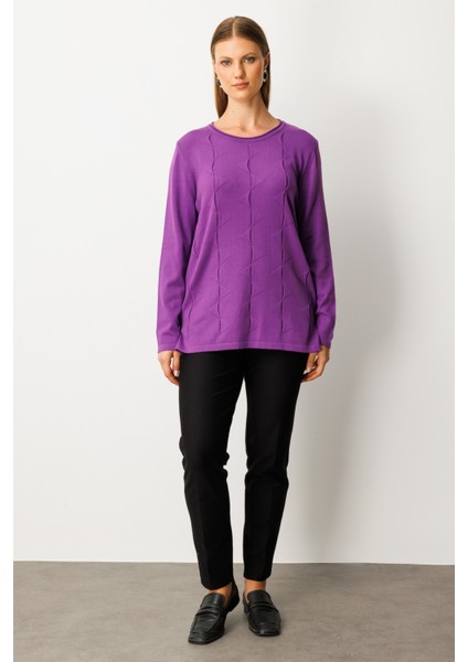 Kadın Büyük Beden Kendinden Desenli Triko Kazak 65329 Mor modelleri