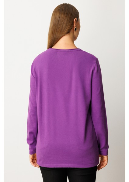 Kadın Büyük Beden Kendinden Desenli Triko Kazak 65329 Mor fırsatları