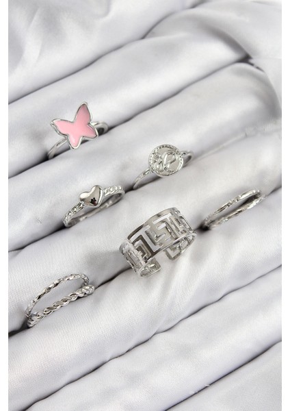 Pirinç Kelebek ve Kalp Model Gümüş Renk Kadın Yüzük Kombin Set - Lisinya