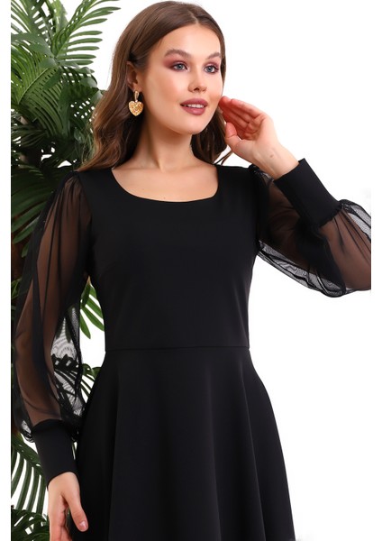 Yuvarlak Yaka Kol Tül Elbise F117