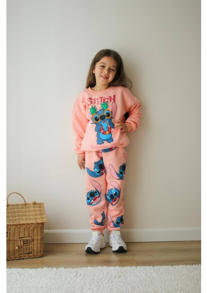 Çizgi Karakter Detaylı 3 Ip Şardonlu Kışlık Kız Çocuk Alt Üst Takım