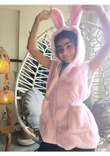 kız Çocuk Kapşonlu Kürklü Peluş Cepli Belden Büzgülü Içi Astarlı %100 Pamuk Yelek Pembe