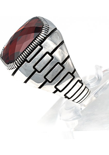 Kırmızı Taşlı 925 Ayar Gümüş Erkek Yüzük – Modern ve Gösterişli Tasarım fırsatları