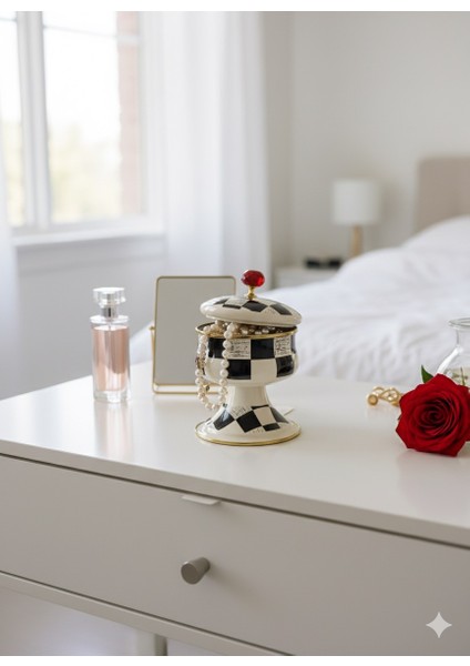 Dama Desenli Ayaklı Şekerlik Lüks Dekoratif Kutu Siyah Beyaz Porselen Takı Saklama Objesi fiyatları