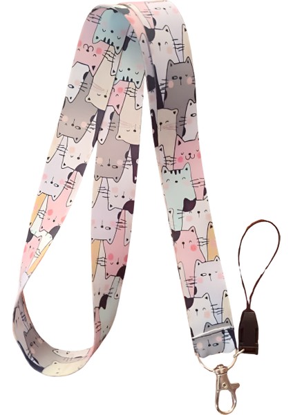 Sevimli Kedi Desenli 2 Boyun Askı Ipi ve Telefon Askısı + Kartlık