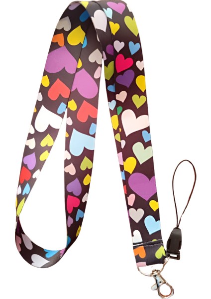 Renkli Kalp Desenli Boyun Askı Ipi ve Telefon Askısı + Kartlık