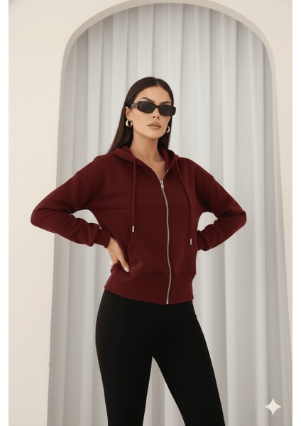 Kadın Fermuarlı Kapşonlu Beyaz Bol Crop Sweatshirt