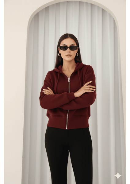 Kadın Fermuarlı Kapşonlu Beyaz Bol Crop Sweatshirt modelleri