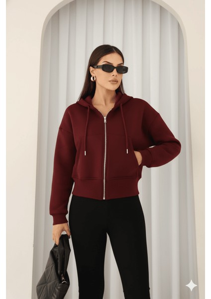 Kadın Fermuarlı Kapşonlu Beyaz Bol Crop Sweatshirt indirimleri