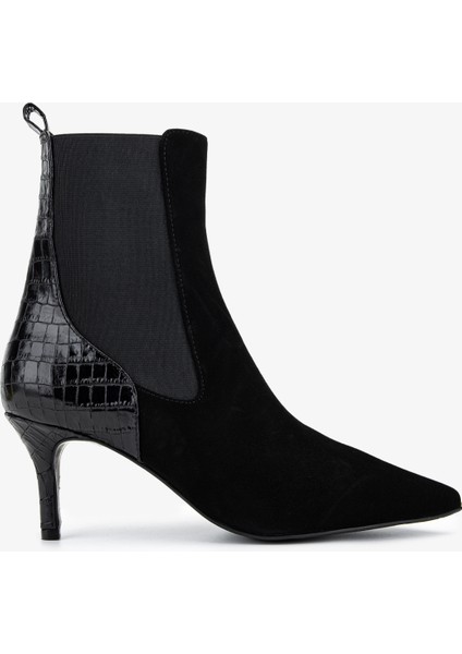 Kadın Hakiki Deri Siyah Topuklu Bot 1130 1093 Bn Bot SK25-26 Syh Suet/syh Kroko