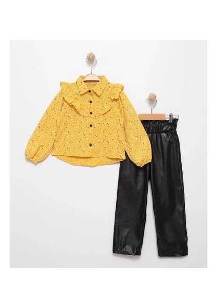 Kız Çocuk Deri Pantolon- Çiçekli Gömlek Alt Üst Takım