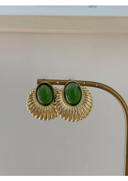 Yeşil Mineli Yelpaze Model Büyük Boy Gold Çelik Küpe