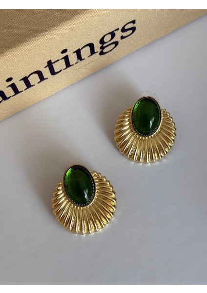 Yeşil Mineli Yelpaze Model Büyük Boy Gold Çelik Küpe fiyatları