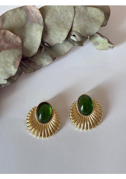 Yeşil Mineli Yelpaze Model Büyük Boy Gold Çelik Küpe modelleri