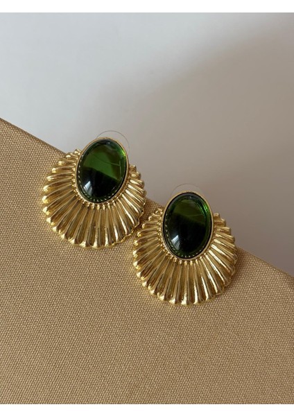 Yeşil Mineli Yelpaze Model Büyük Boy Gold Çelik Küpe fırsatları