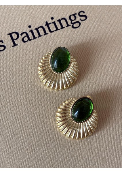 Yeşil Mineli Yelpaze Model Büyük Boy Gold Çelik Küpe indirimleri