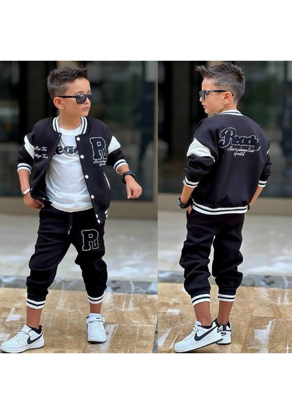 Erkek Çocuk Kolej Tarzı 3’lü Eşofman Takımı – R Harf Nakışlı Spor Kombin 43131S modelleri
