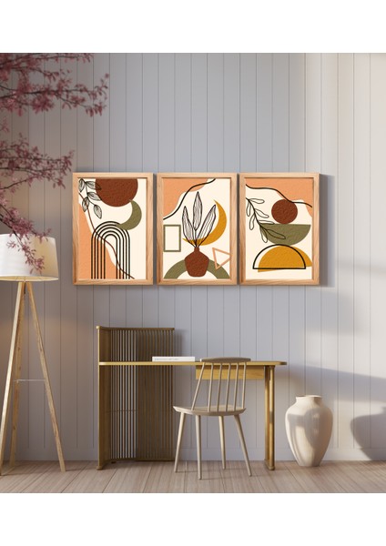 Renklerin Ahengi Toprak Tonları Çerçeve Görünümlü 3lü Set Dekoratif Mdf Tablo