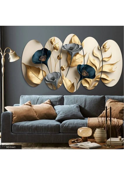 Zarif Altın ve Mavi Çiçekler ile Dallar 5 Parçalı Mdf Tablo