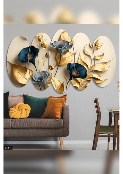 Zarif Altın ve Mavi Çiçekler ile Dallar 5 Parçalı Mdf Tablo modelleri
