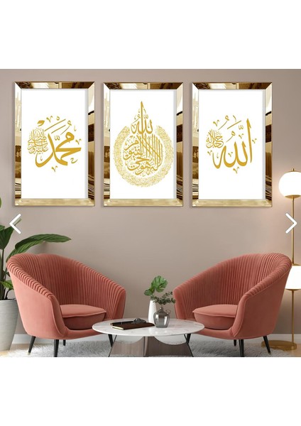 Allah ve Hz Muhammed Dini Islami Gold Pleksi Çerçeveli Kenar 3'lü Mdf Tablo fiyatları