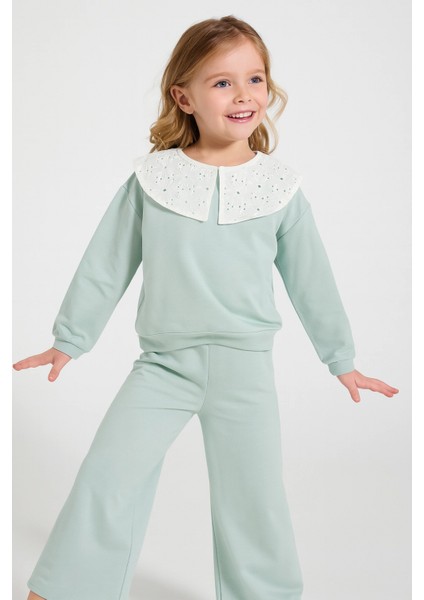 Kız Çocuk Brode Yaka %100 Pamuk Sweatshirt - Süs Brode Yakalı Çocuk Sweat