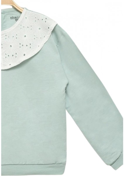 Kız Çocuk Brode Yaka %100 Pamuk Sweatshirt - Süs Brode Yakalı Çocuk Sweat modelleri