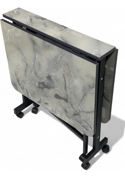 Demaz Serisi 1.sınıf 70x110 Gri Mermer Desen Açılabilir Katlanabilir Tekerlekli Masa Yemek Masası Siyah Metal Ayak