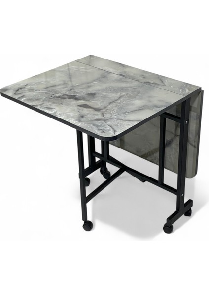 Demaz Serisi 1.sınıf 70x110 Gri Mermer Desen Açılabilir Katlanabilir Tekerlekli Masa Yemek Masası Siyah Metal Ayak modelleri