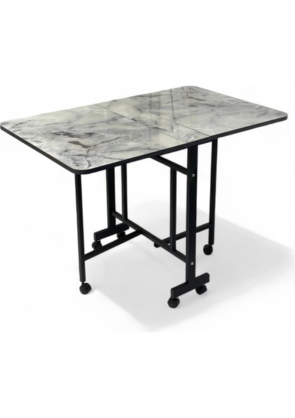 Demaz Serisi 1.sınıf 70x110 Gri Mermer Desen Açılabilir Katlanabilir Tekerlekli Masa Yemek Masası Siyah Metal Ayak fırsatları