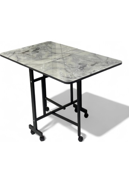 Demaz Serisi 1.sınıf 70x110 Gri Mermer Desen Açılabilir Katlanabilir Tekerlekli Masa Yemek Masası Siyah Metal Ayak indirimleri