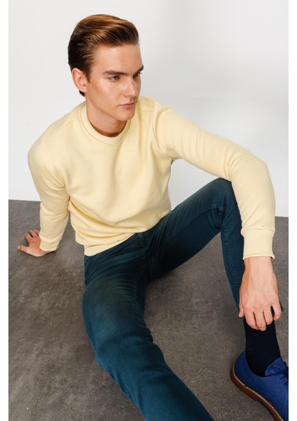 Erkek Sarı Bisiklet Yaka Sweatshirt