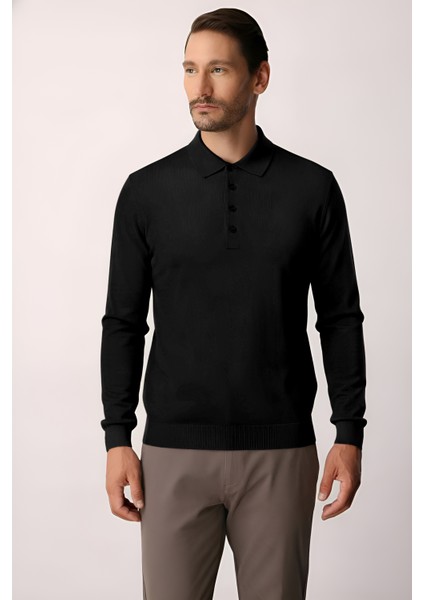 Siyah Standart Fit Dar Kalıp Polo Yaka Düz Uzun Kollu Triko