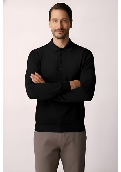 Siyah Standart Fit Dar Kalıp Polo Yaka Düz Uzun Kollu Triko fiyatları