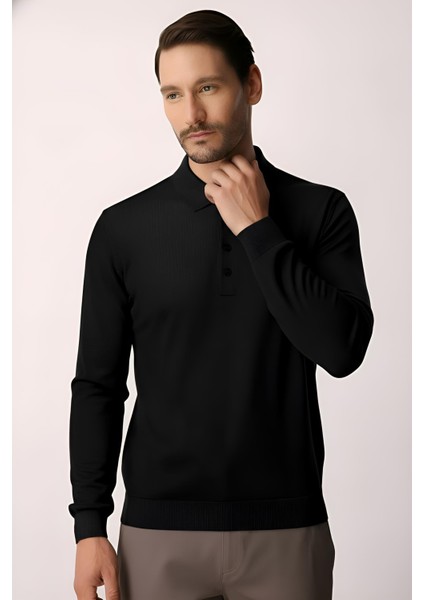 Siyah Standart Fit Dar Kalıp Polo Yaka Düz Uzun Kollu Triko modelleri