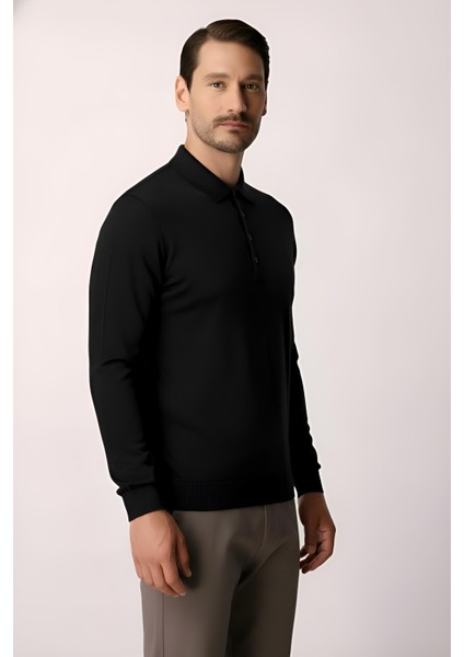 Siyah Standart Fit Dar Kalıp Polo Yaka Düz Uzun Kollu Triko fırsatları