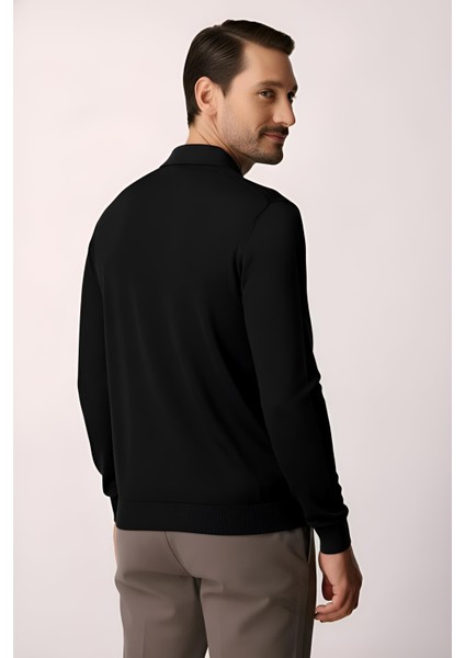 Siyah Standart Fit Dar Kalıp Polo Yaka Düz Uzun Kollu Triko indirimleri