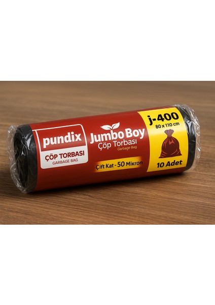 Pundıx J400 Jumbo Boy Çöp Torbası 80X110 cm – 1 Rulo (10 Adet) – 400 G – Çift Kat 50 Mikron Dayanıklı Siyah Poşet