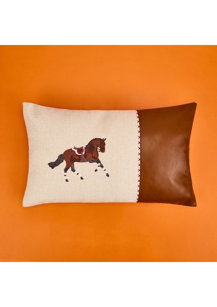 Soft Deri Görünümlü Horse Desenli Kırlent - Ekru - 30X50 cm