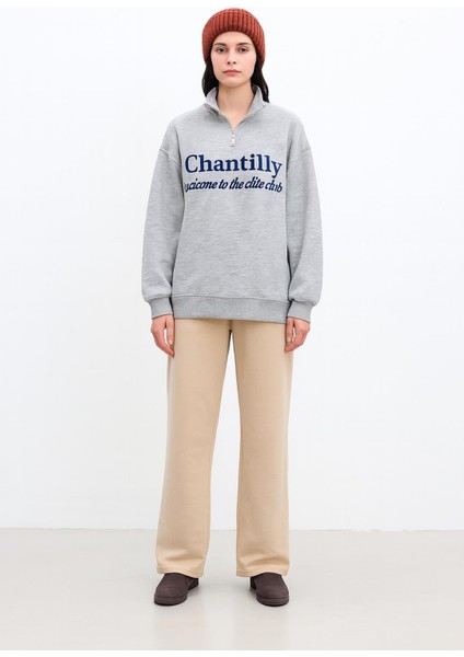 Oversize Yakası Fermuarlı Sweatshirt Gri Melanj