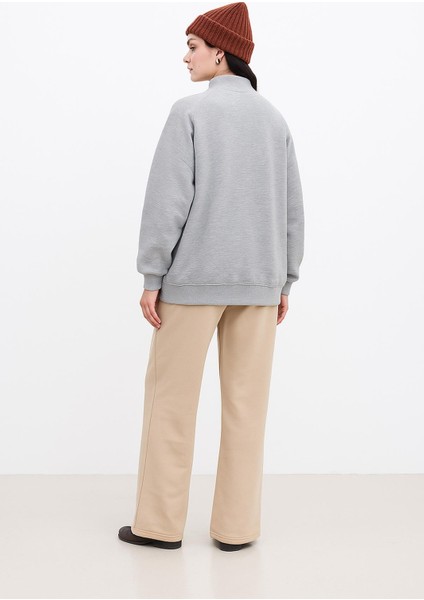 Oversize Yakası Fermuarlı Sweatshirt Gri Melanj modelleri